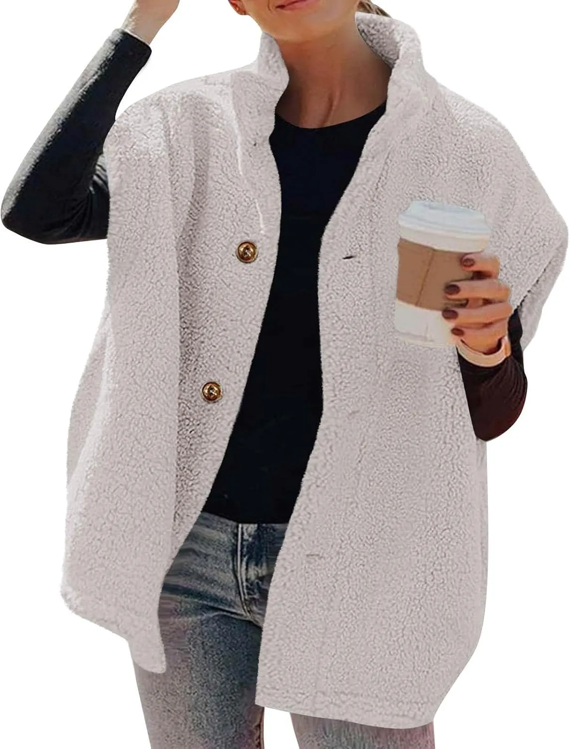Fuzzy Fleece Vest for Women Casual Plus Size Button Down Sleeveless Jackets Loose Winter Warm Sherpa Vests Coat with Pockets