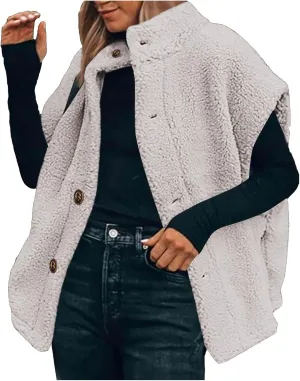 Fuzzy Fleece Vest for Women Casual Plus Size Button Down Sleeveless Jackets Loose Winter Warm Sherpa Vests Coat with Pockets