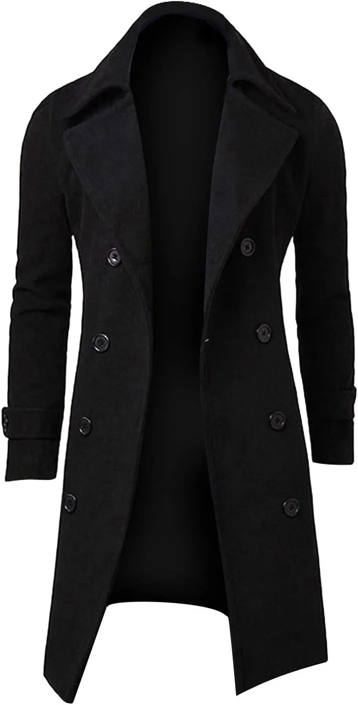 Fxbar Mens Casual Jackets Men'S Solid Color Spread Collar Trench Coat Classic Single Breasted Extra Long Jacket Streetwear (W1-Black, L)