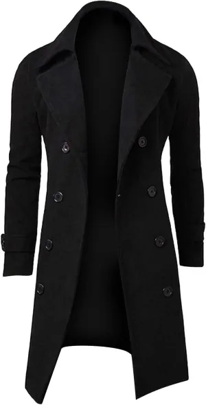 Fxbar Mens Casual Jackets Men'S Solid Color Spread Collar Trench Coat Classic Single Breasted Extra Long Jacket Streetwear (W1-Black, L)