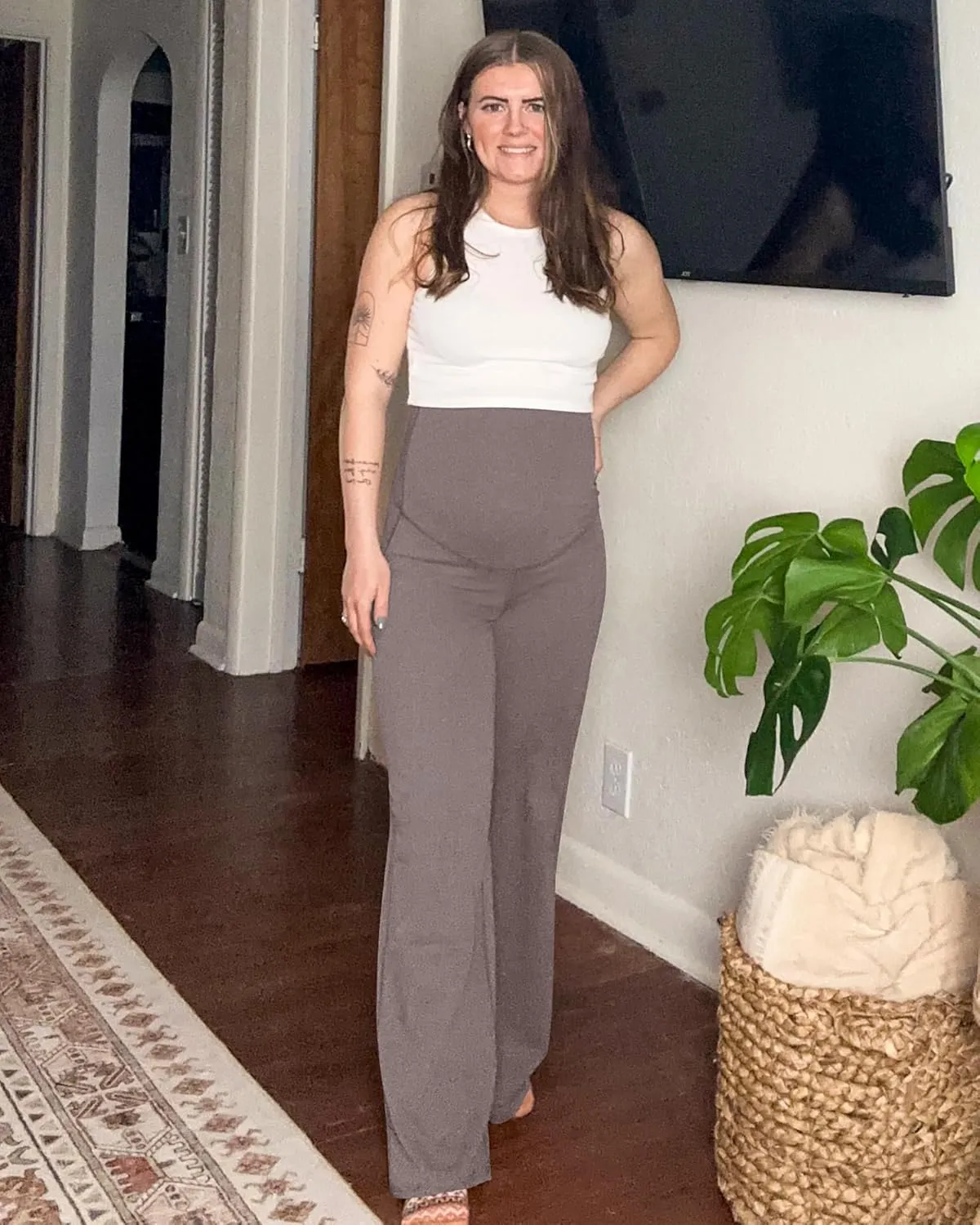 G4Free BareFeel Maternity Dress Yoga Pants Over The Belly Stretchy Work Slack Pregnancy Wide Leg Lounge Trousers