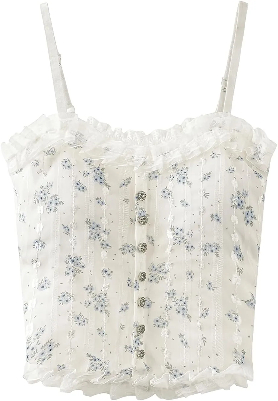 Girls Lace Floral Cami Crop Top Spaghetti Strap Slim Fitted Casual Bralette Camisole Top