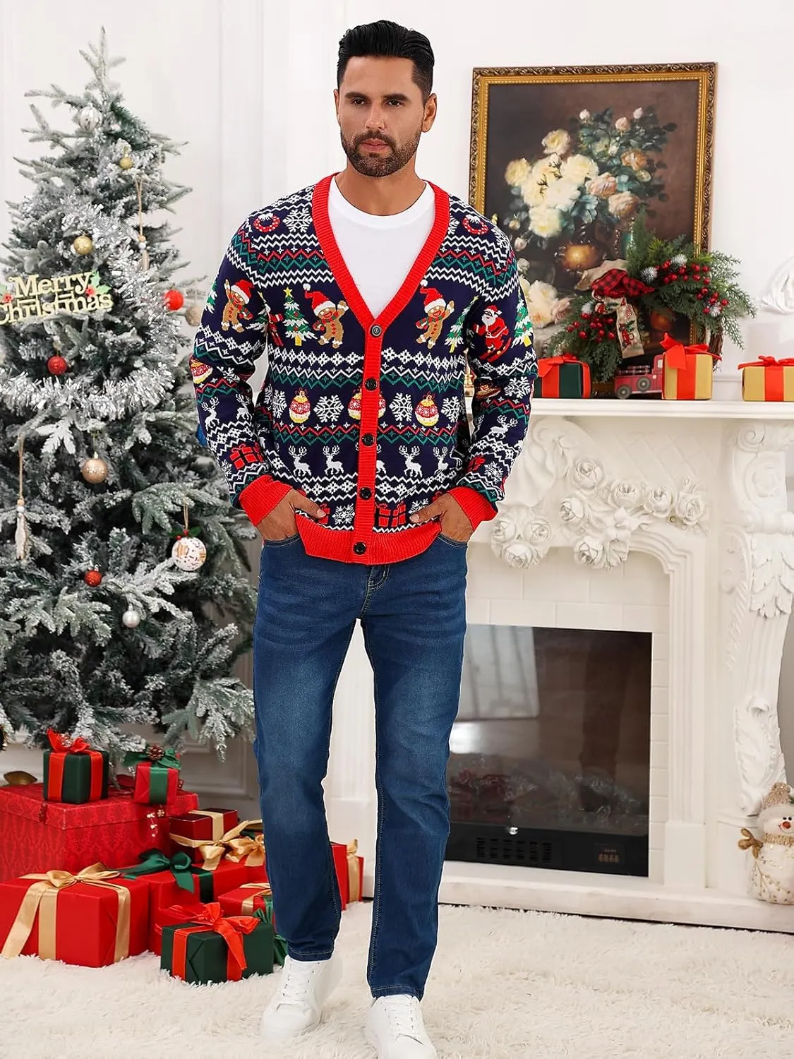 Goodstoworld Men's 2024 Ugly Christmas Cardigan Cozy Pullover Sweater V Neck Buttons Soft Knitwear