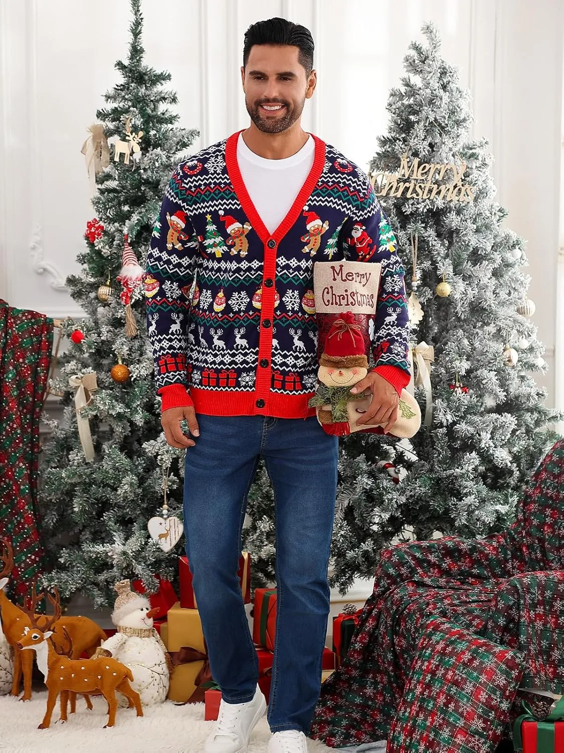 Goodstoworld Men's 2024 Ugly Christmas Cardigan Cozy Pullover Sweater V Neck Buttons Soft Knitwear