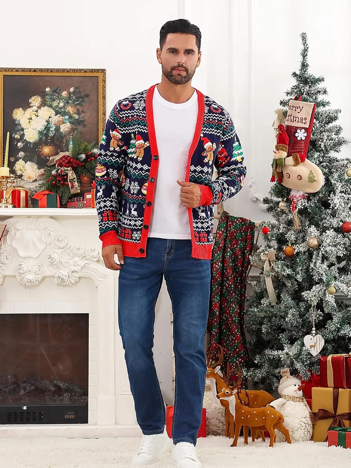 Goodstoworld Men's 2024 Ugly Christmas Cardigan Cozy Pullover Sweater V Neck Buttons Soft Knitwear
