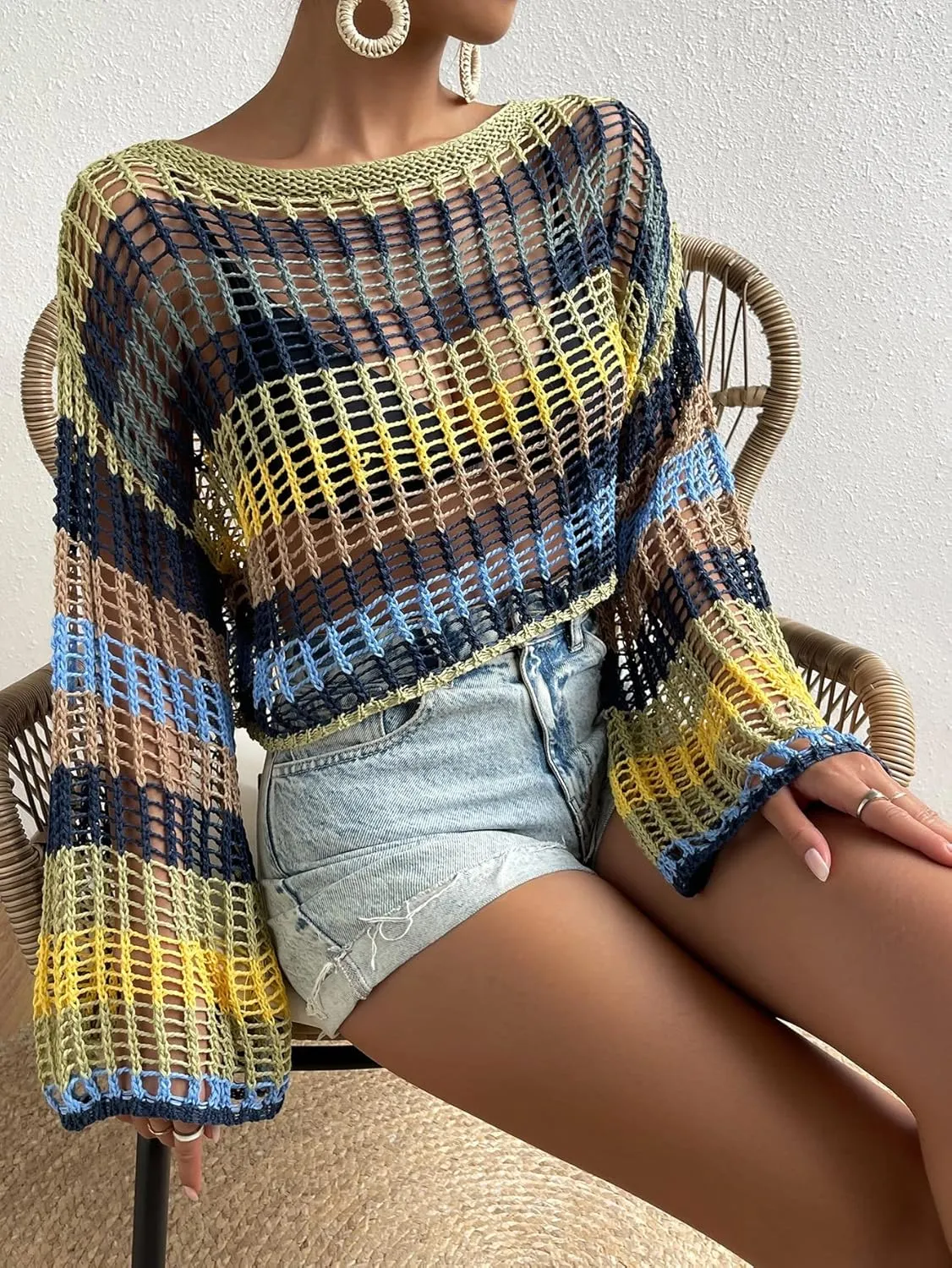 GORGLITTER Women's Crochet Top Colorblock Hollow Out Beachwear Drop Shoulder Knit Cover Up Top