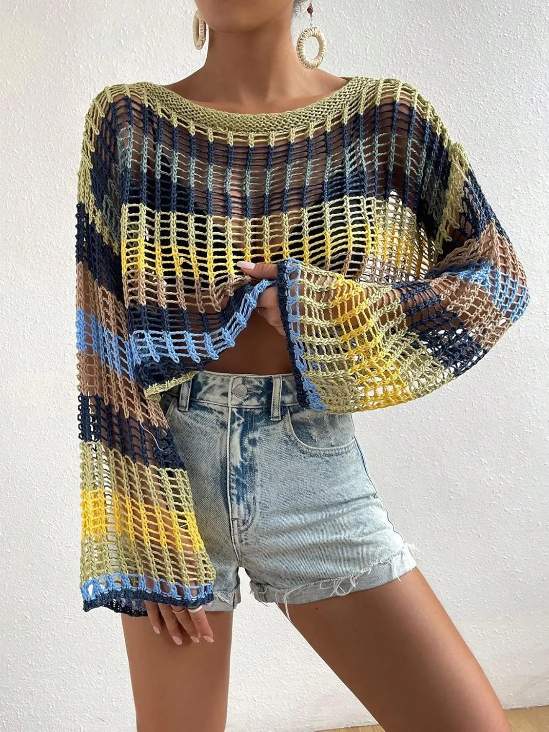 GORGLITTER Women's Crochet Top Colorblock Hollow Out Beachwear Drop Shoulder Knit Cover Up Top