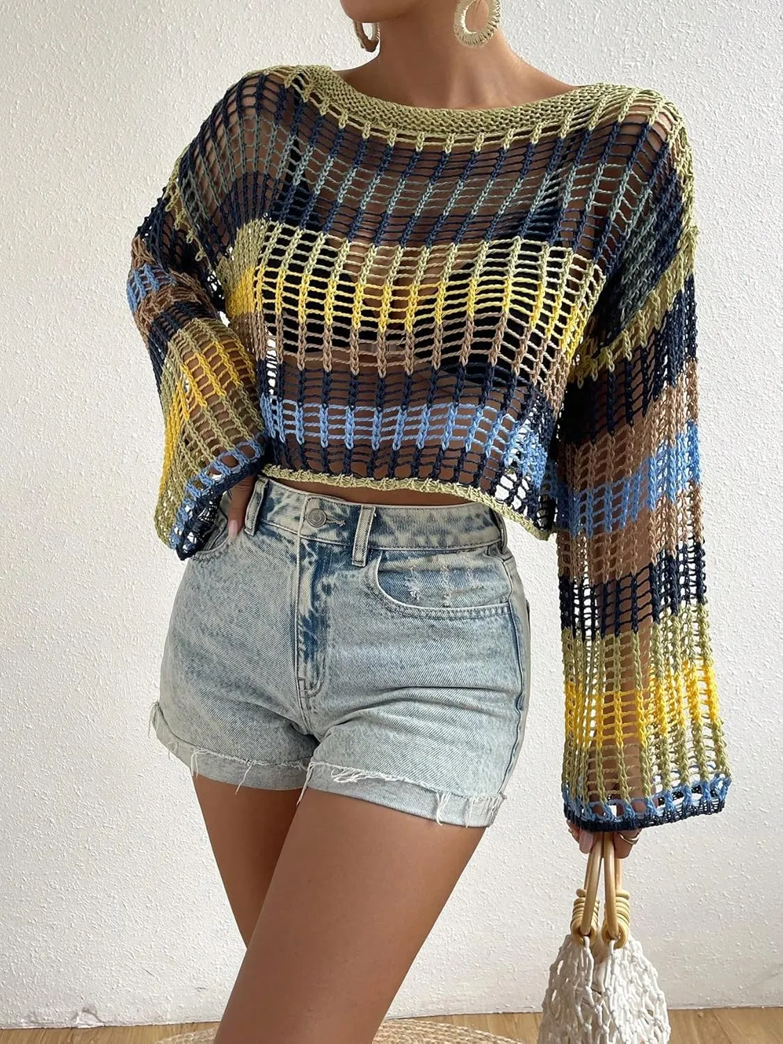 GORGLITTER Women's Crochet Top Colorblock Hollow Out Beachwear Drop Shoulder Knit Cover Up Top