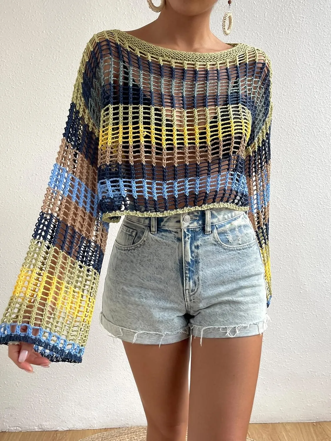 GORGLITTER Women's Crochet Top Colorblock Hollow Out Beachwear Drop Shoulder Knit Cover Up Top
