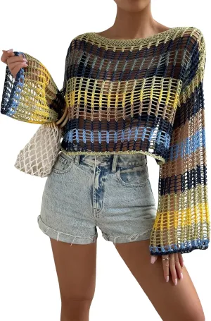 GORGLITTER Women's Crochet Top Colorblock Hollow Out Beachwear Drop Shoulder Knit Cover Up Top
