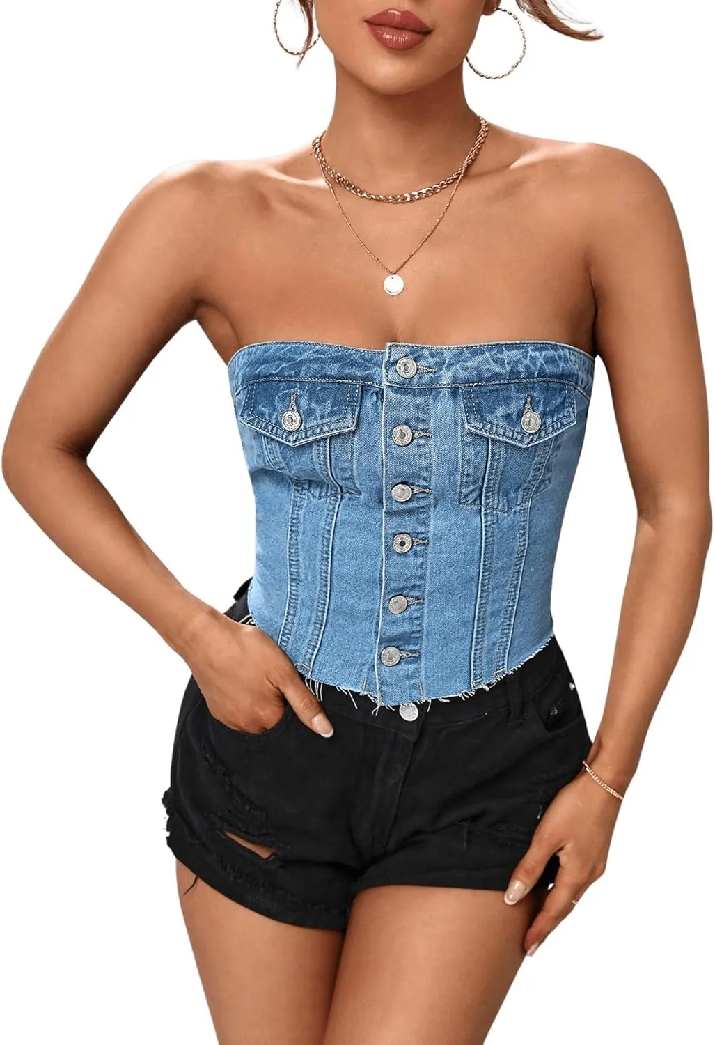 GORGLITTER Women's Denim Corset Top Y2K Strapless Button Up Crop Tube Top