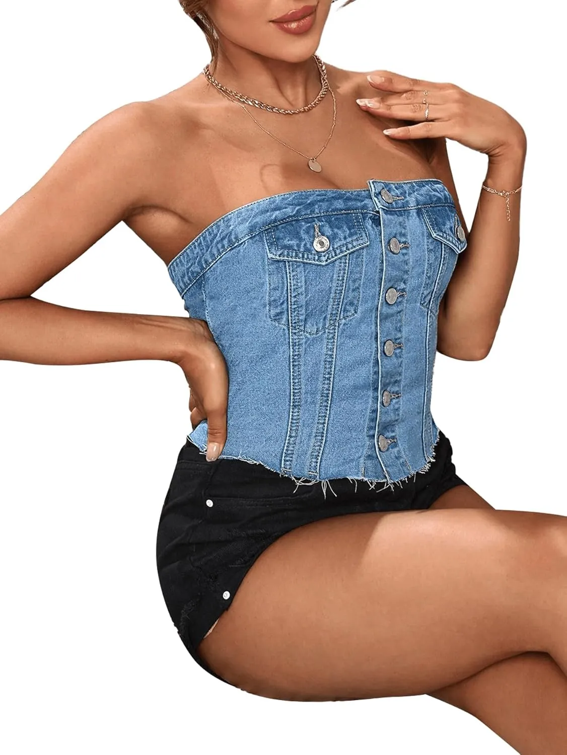 GORGLITTER Women's Denim Corset Top Y2K Strapless Button Up Crop Tube Top