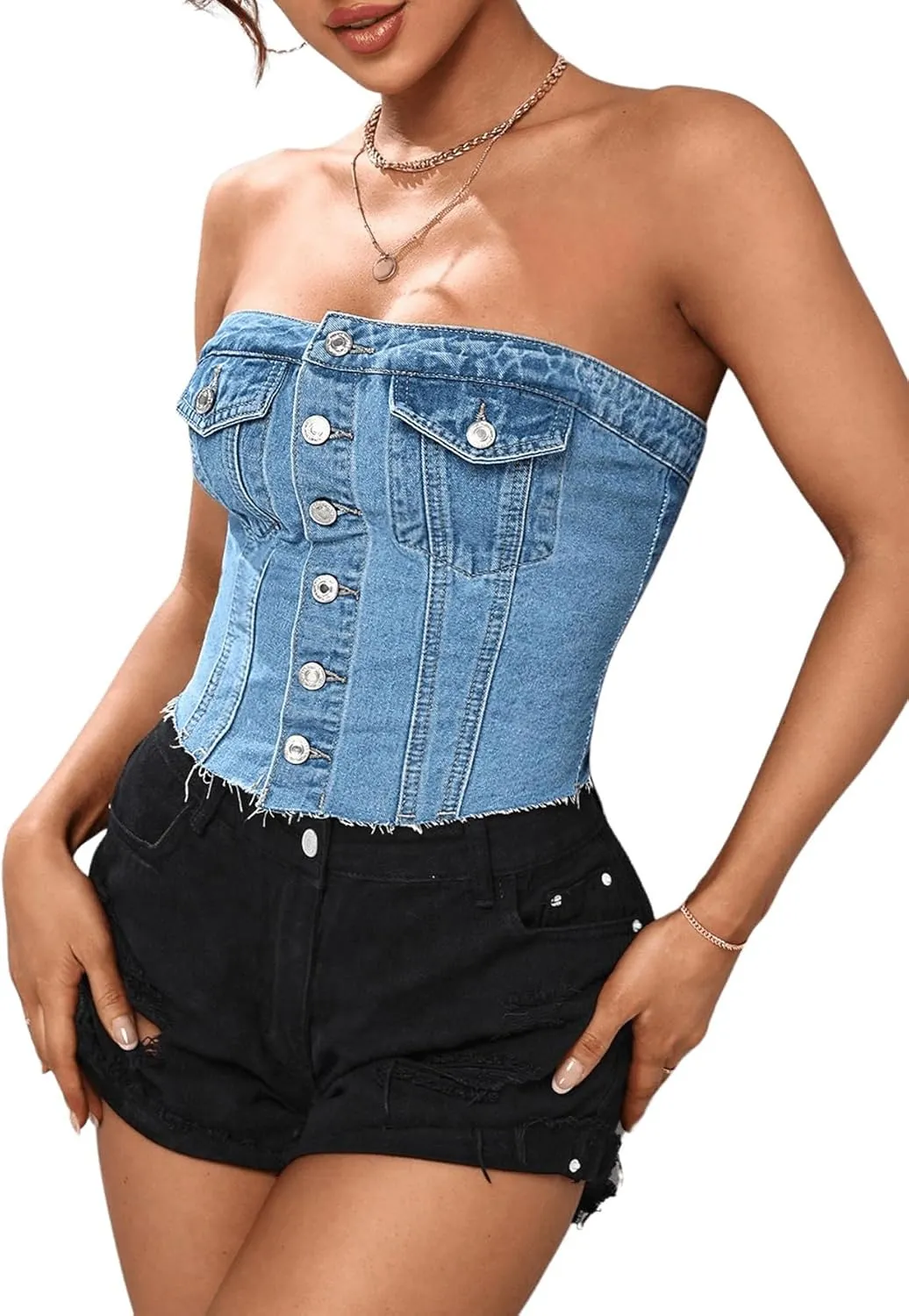 GORGLITTER Women's Denim Corset Top Y2K Strapless Button Up Crop Tube Top