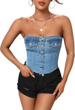 GORGLITTER Women's Denim Corset Top Y2K Strapless Button Up Crop Tube Top