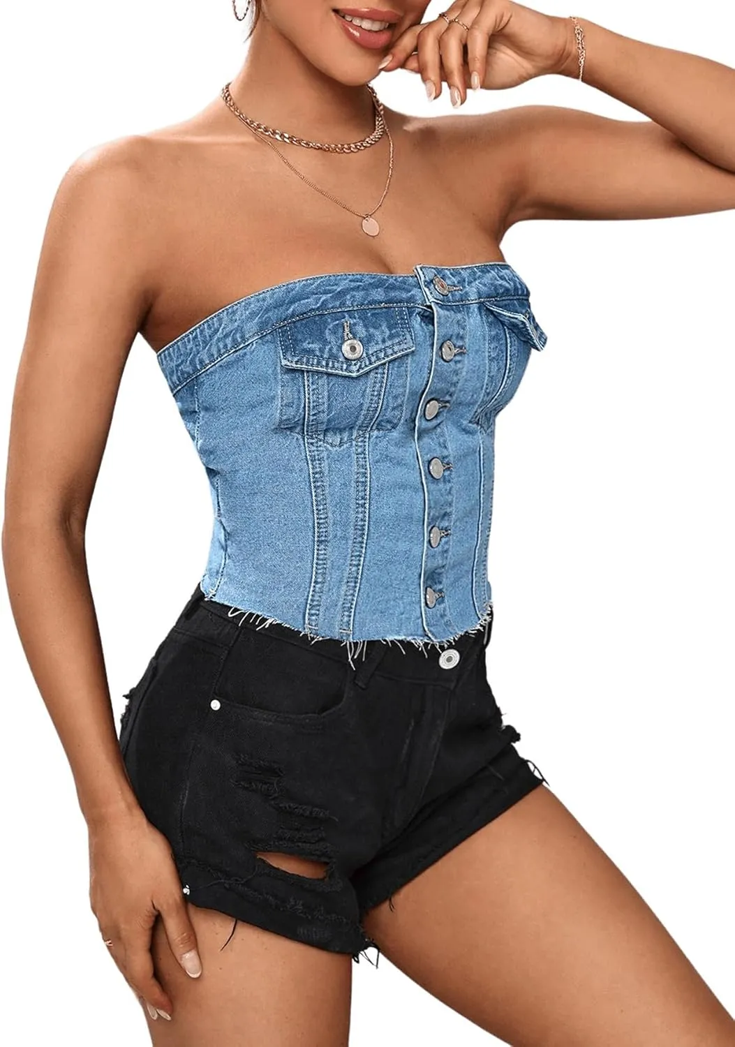 GORGLITTER Women's Denim Corset Top Y2K Strapless Button Up Crop Tube Top