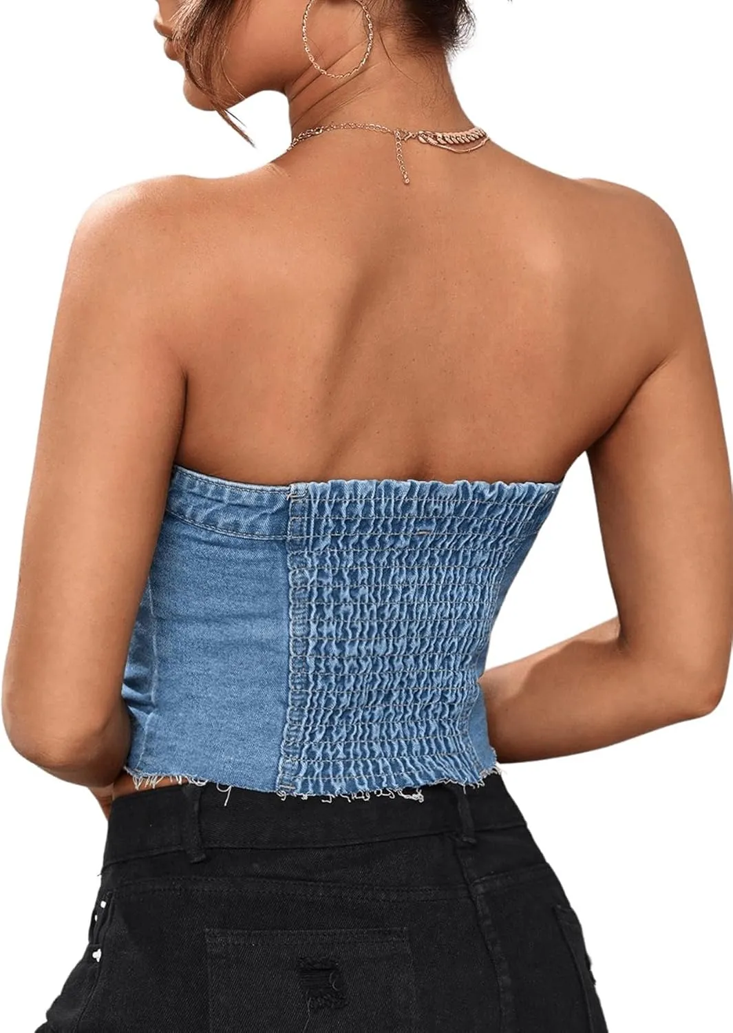GORGLITTER Women's Denim Corset Top Y2K Strapless Button Up Crop Tube Top