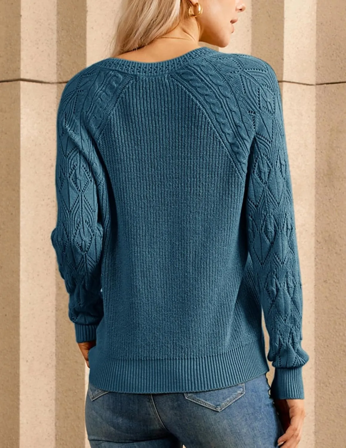 GRACE KARIN V Neck Sweater for Women Crochet Pullover Sweater Tops Cable Knit Sleeve Sweaters Spring Summer Fashion 2025