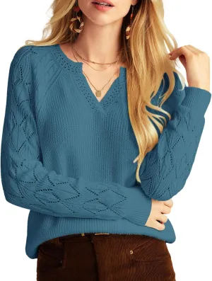 GRACE KARIN V Neck Sweater for Women Crochet Pullover Sweater Tops Cable Knit Sleeve Sweaters Spring Summer Fashion 2025