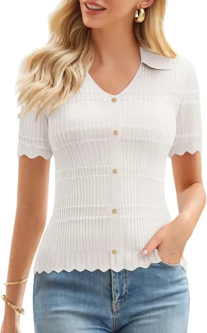 GRACE KARIN Women Short Sleeve Sweater V Neck Knit Polo Sweater Pullover 2025 Summer Ribbed Sweater Top Shirts