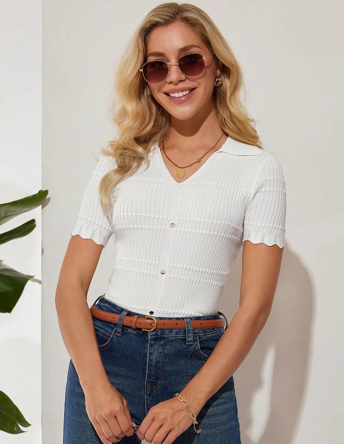 GRACE KARIN Women Short Sleeve Sweater V Neck Knit Polo Sweater Pullover 2025 Summer Ribbed Sweater Top Shirts