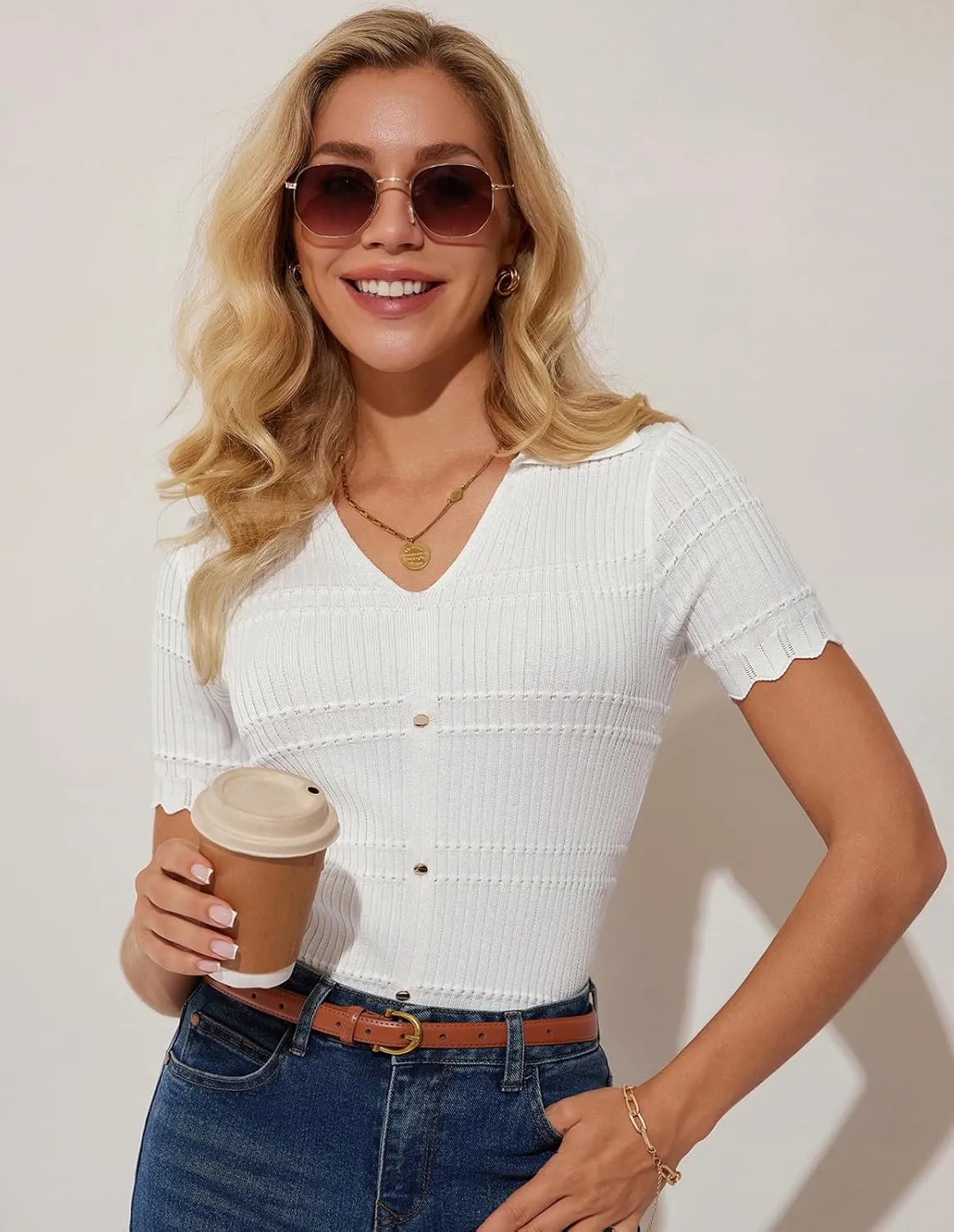 GRACE KARIN Women Short Sleeve Sweater V Neck Knit Polo Sweater Pullover 2025 Summer Ribbed Sweater Top Shirts