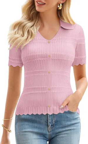 GRACE KARIN Women Short Sleeve Sweater V Neck Knit Polo Sweater Pullover 2025 Summer Ribbed Sweater Top Shirts