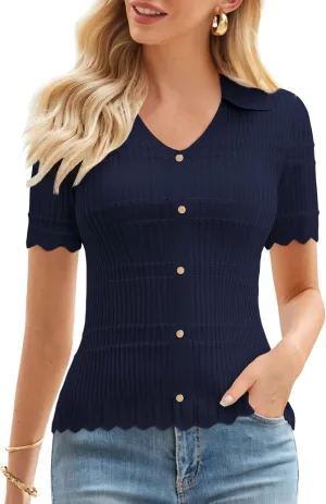 GRACE KARIN Women Short Sleeve Sweater V Neck Knit Polo Sweater Pullover 2025 Summer Ribbed Sweater Top Shirts