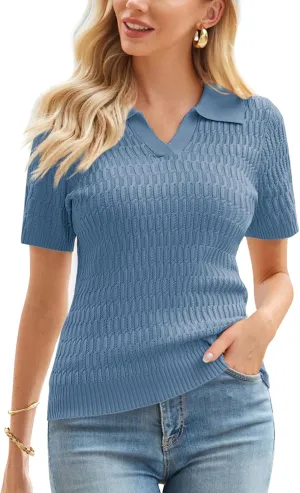 GRACE KARIN Womens 2025 Summer Short Sleeve Sweater V-Neck Collared Pullover Sweater Tops Lightweight Knit Polo Shirt