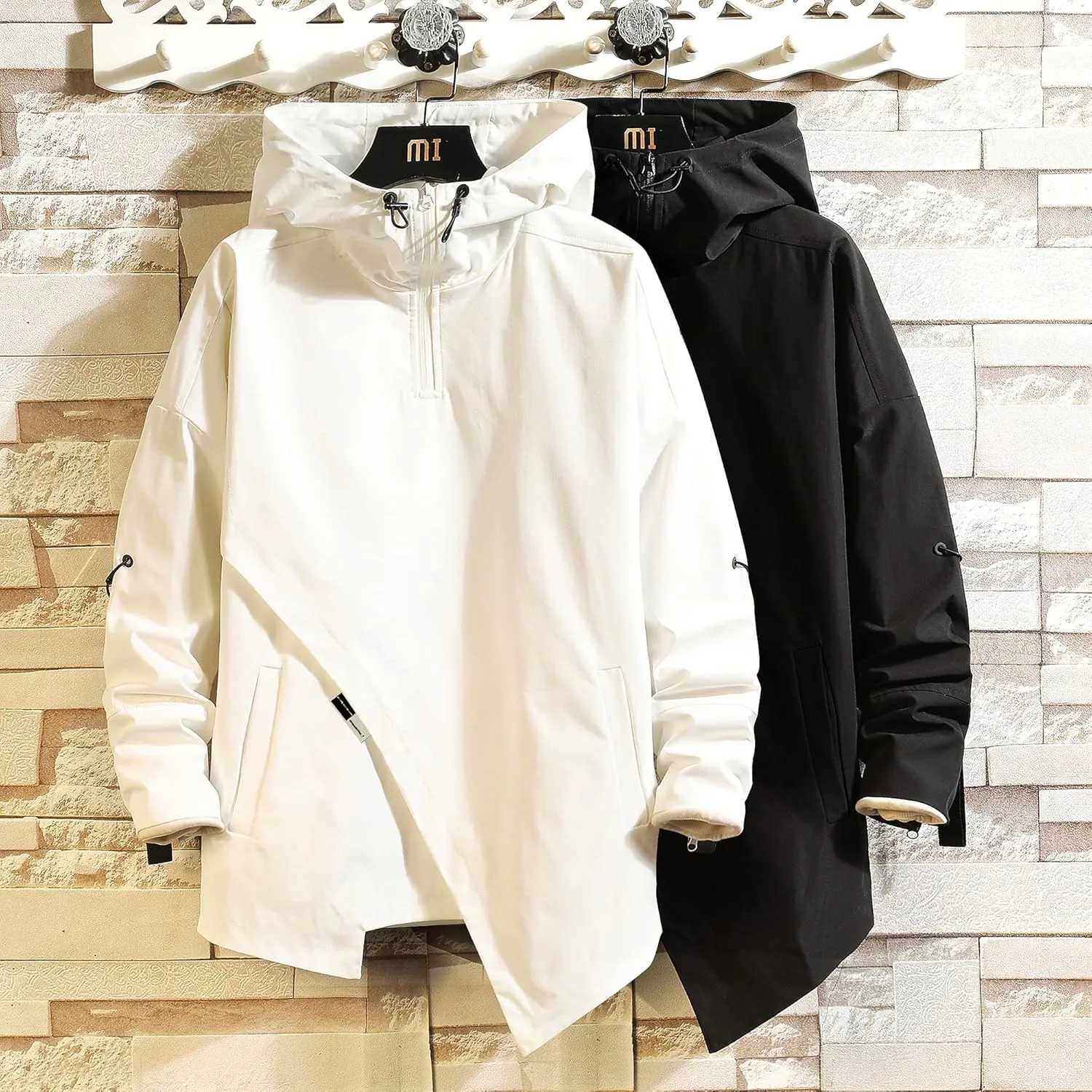 GURUNVANI Mens Hooded Windbreaker Jacket Zip Up Patchwork Hoodie Anorak