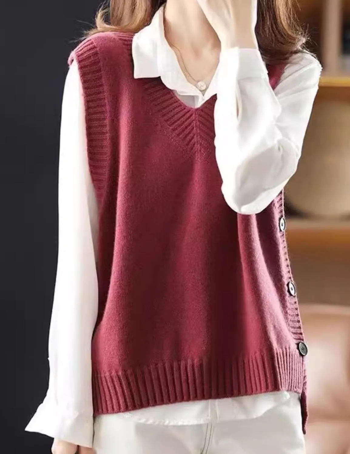 HangNiFang Womens Sweater Vest Sleeveless V Neck Trendy Side Button Down Knit Vest Outfits