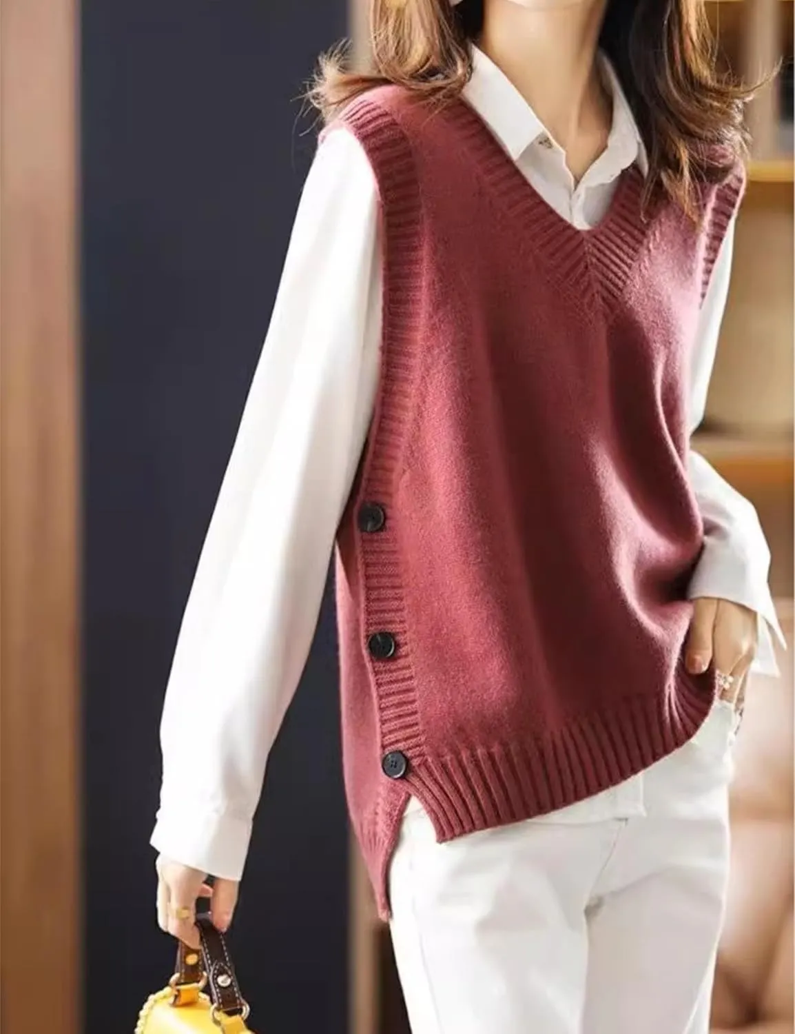 HangNiFang Womens Sweater Vest Sleeveless V Neck Trendy Side Button Down Knit Vest Outfits