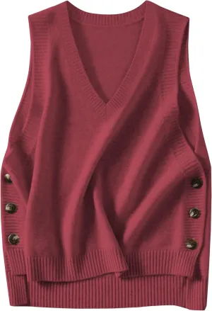 HangNiFang Womens Sweater Vest Sleeveless V Neck Trendy Side Button Down Knit Vest Outfits