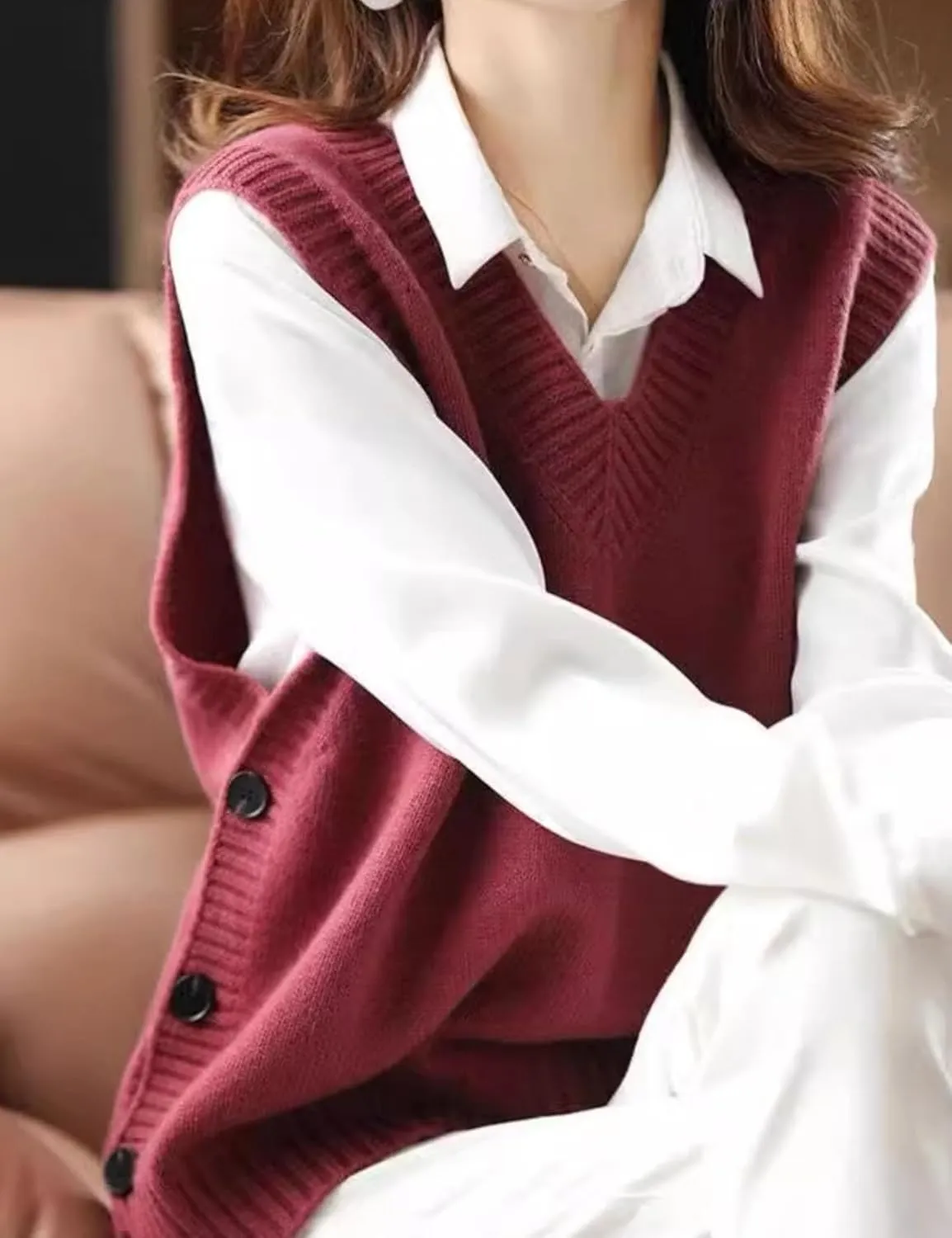 HangNiFang Womens Sweater Vest Sleeveless V Neck Trendy Side Button Down Knit Vest Outfits