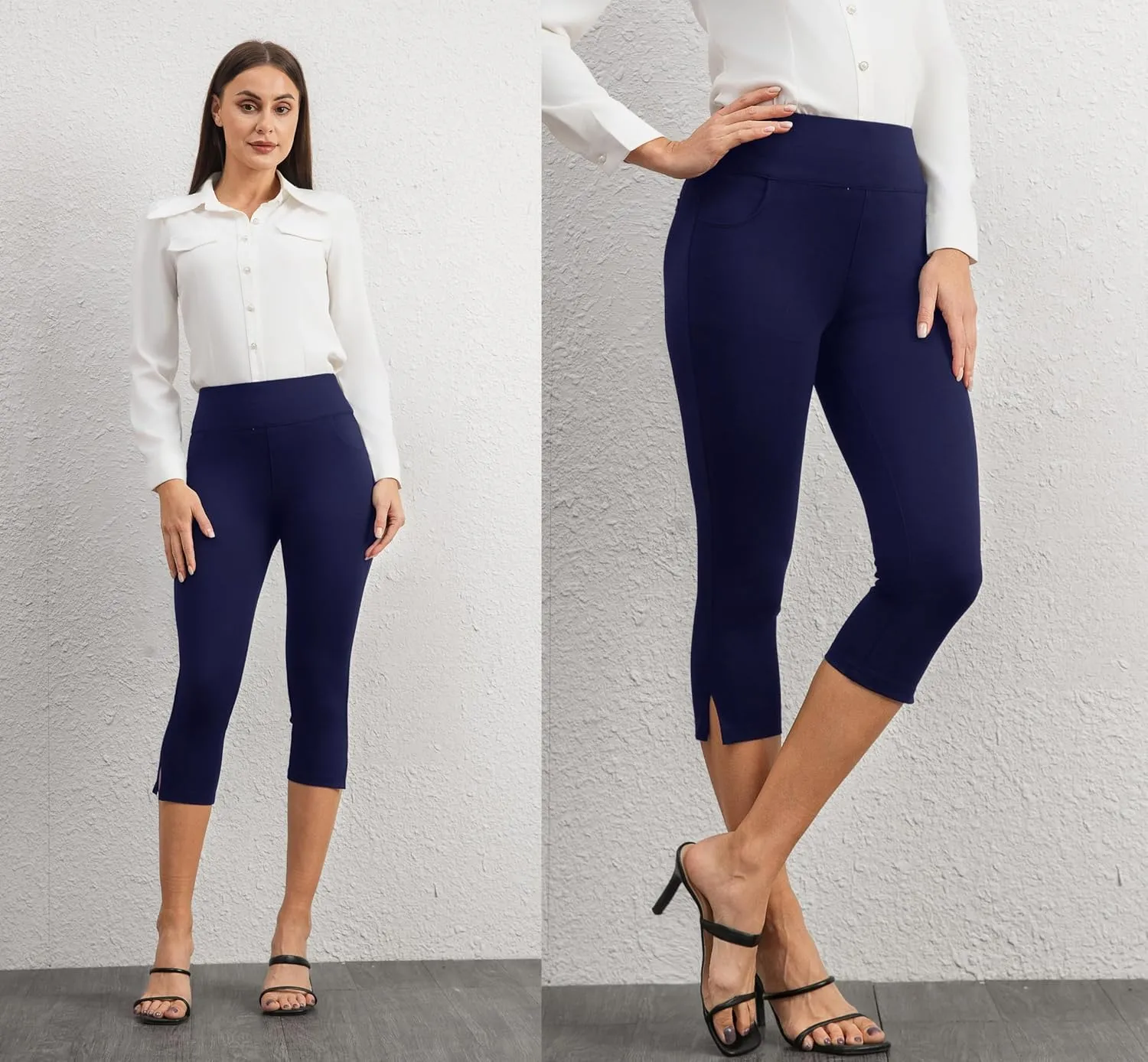 heipeiwa Women's Capri Pants Dressy High Waist Pull on Pants Comfort Stretch Slit Slim Business Casual Trouser