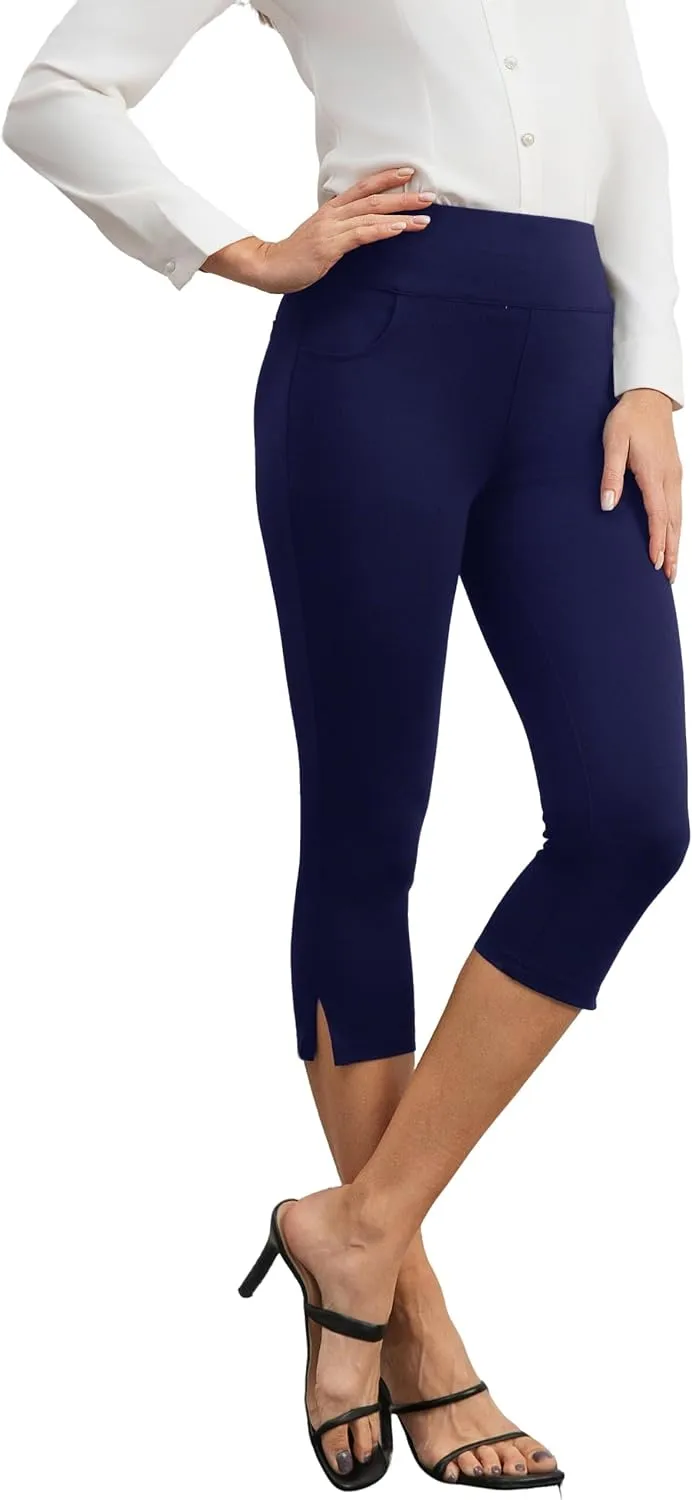 heipeiwa Women's Capri Pants Dressy High Waist Pull on Pants Comfort Stretch Slit Slim Business Casual Trouser
