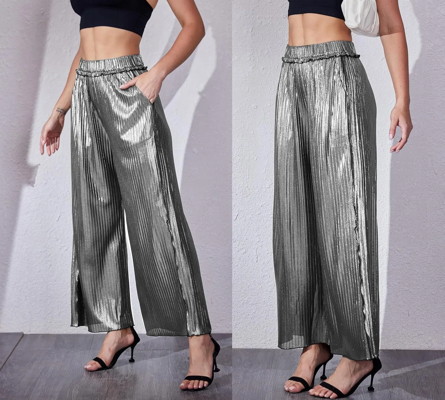 heipeiwa Women's Metallic Wide Leg Palazzo Pants Rib Pleated Raw Hem Party Club Sequin Slacks Pant