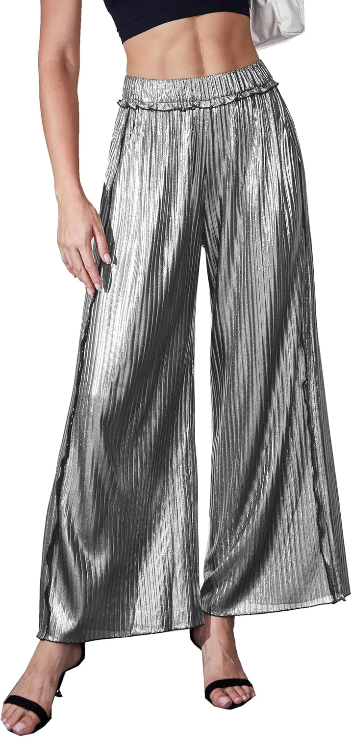 heipeiwa Women's Metallic Wide Leg Palazzo Pants Rib Pleated Raw Hem Party Club Sequin Slacks Pant