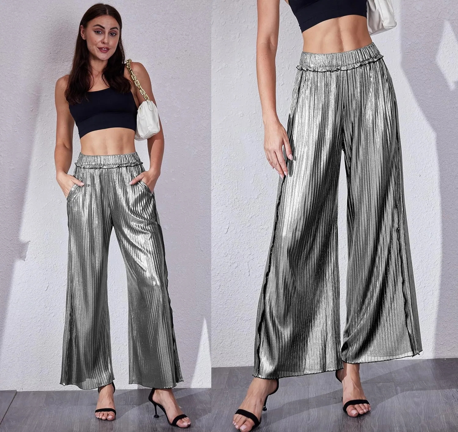heipeiwa Women's Metallic Wide Leg Palazzo Pants Rib Pleated Raw Hem Party Club Sequin Slacks Pant