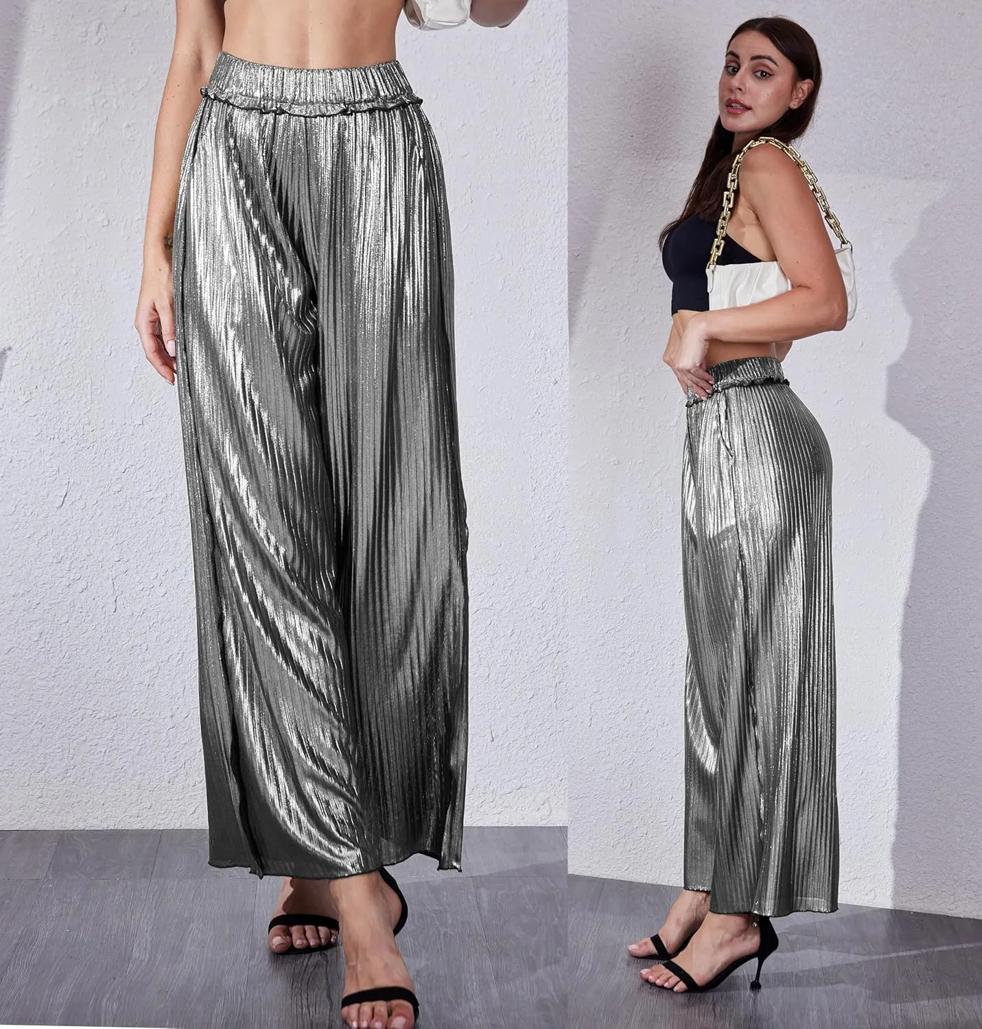 heipeiwa Women's Metallic Wide Leg Palazzo Pants Rib Pleated Raw Hem Party Club Sequin Slacks Pant