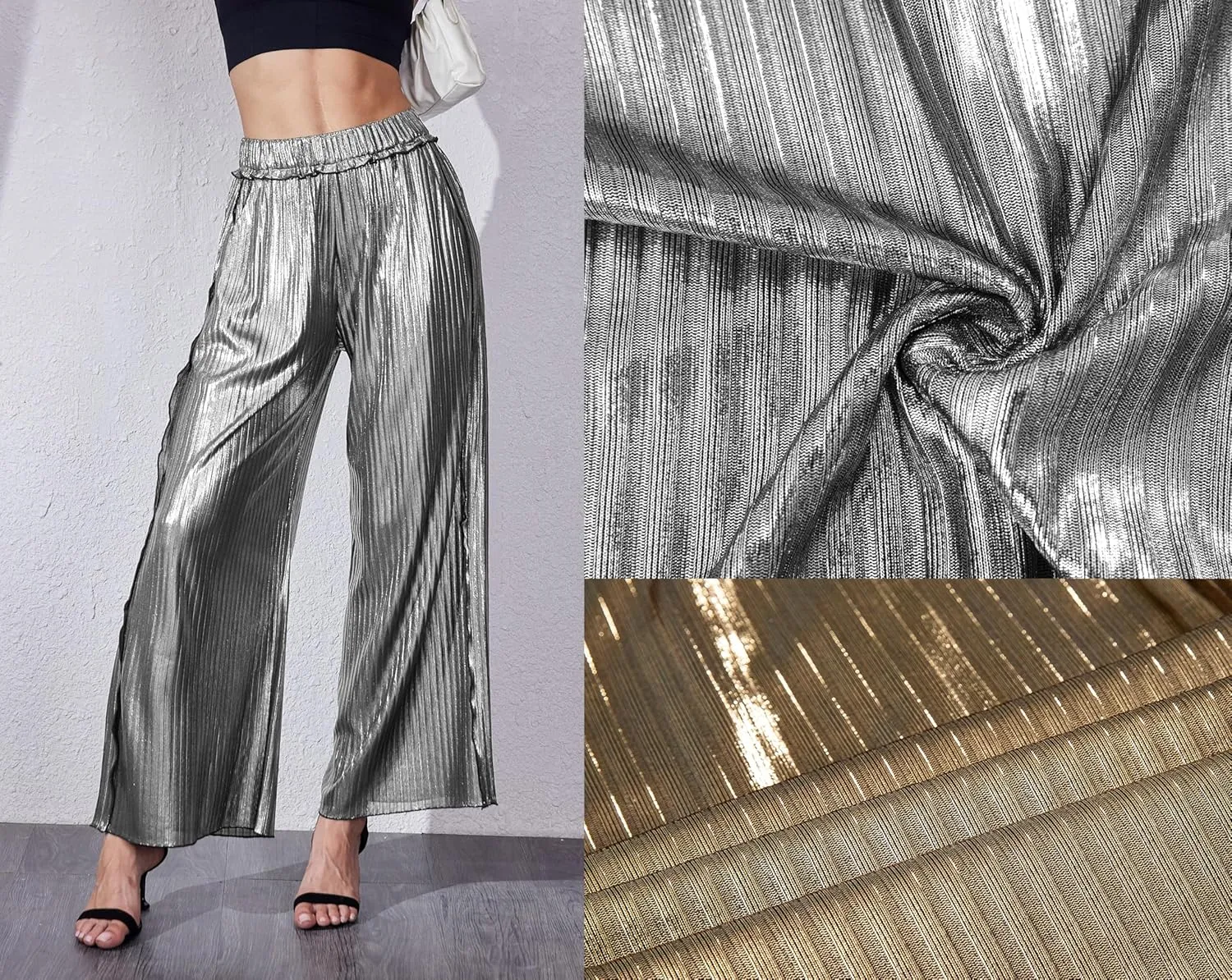 heipeiwa Women's Metallic Wide Leg Palazzo Pants Rib Pleated Raw Hem Party Club Sequin Slacks Pant