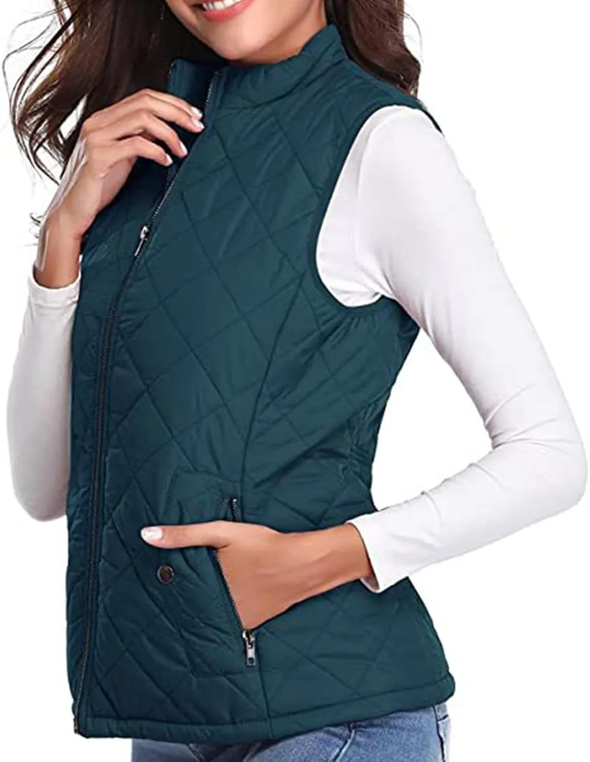 hlysgo Women's Quilted Vest, Stand Collar Lightweight Zip Pockets Padded Gilet Sleeveless Zipper Coat Jacket Outwear