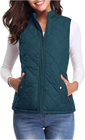hlysgo Women's Quilted Vest, Stand Collar Lightweight Zip Pockets Padded Gilet Sleeveless Zipper Coat Jacket Outwear
