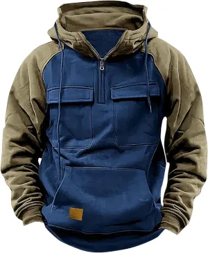 Hoodies for Men Quarter Zip Aztec Pullover Tactical Jacket Fall Vintage Outdoor Hooded Cargo Sweatshirts Multi Pocket