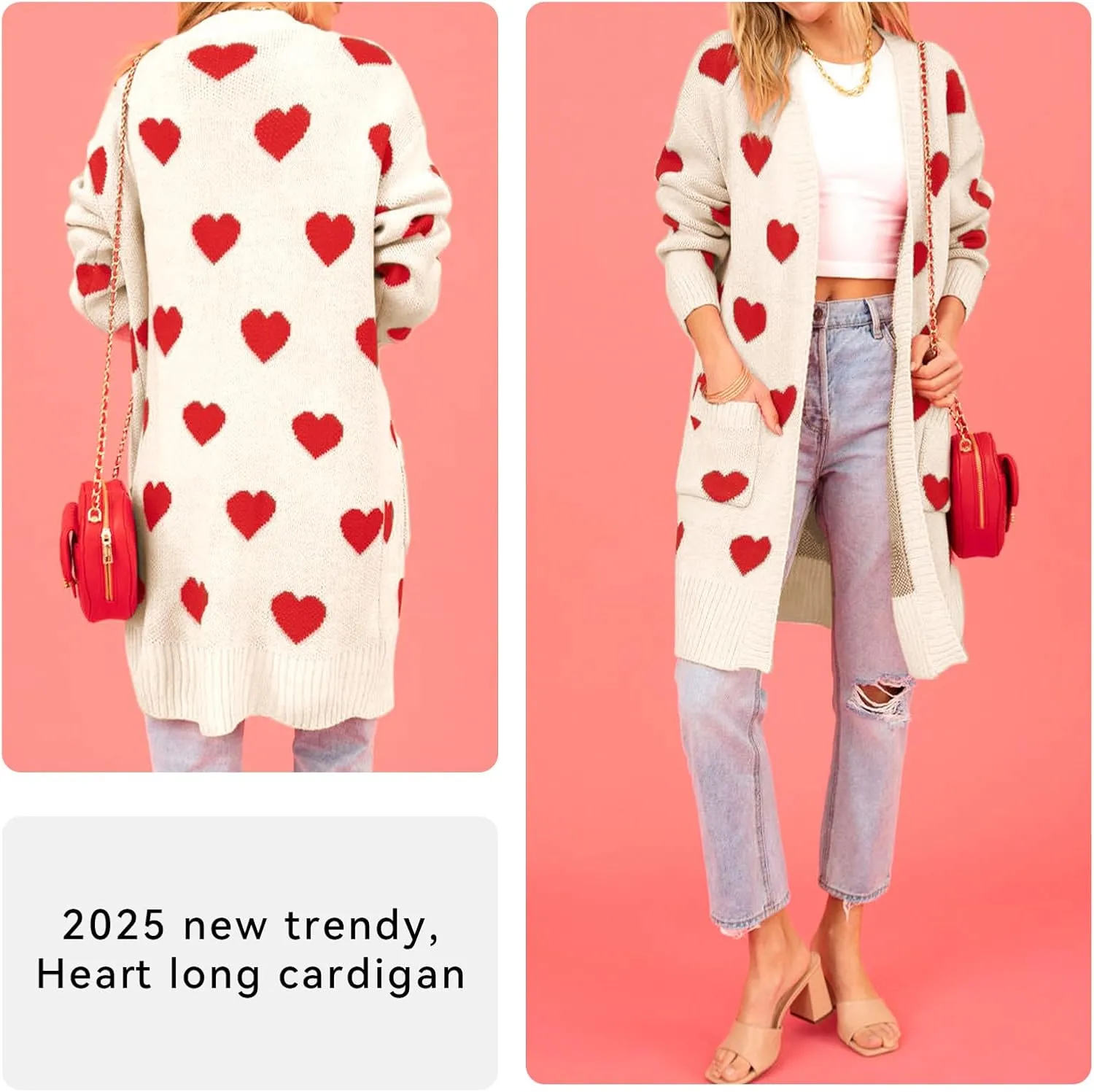 HOULENGS Women's Spring Cute Heart Long Cardigan Sweater V Neck Open Front Ribbed Knit Sweater Coats with Pockets