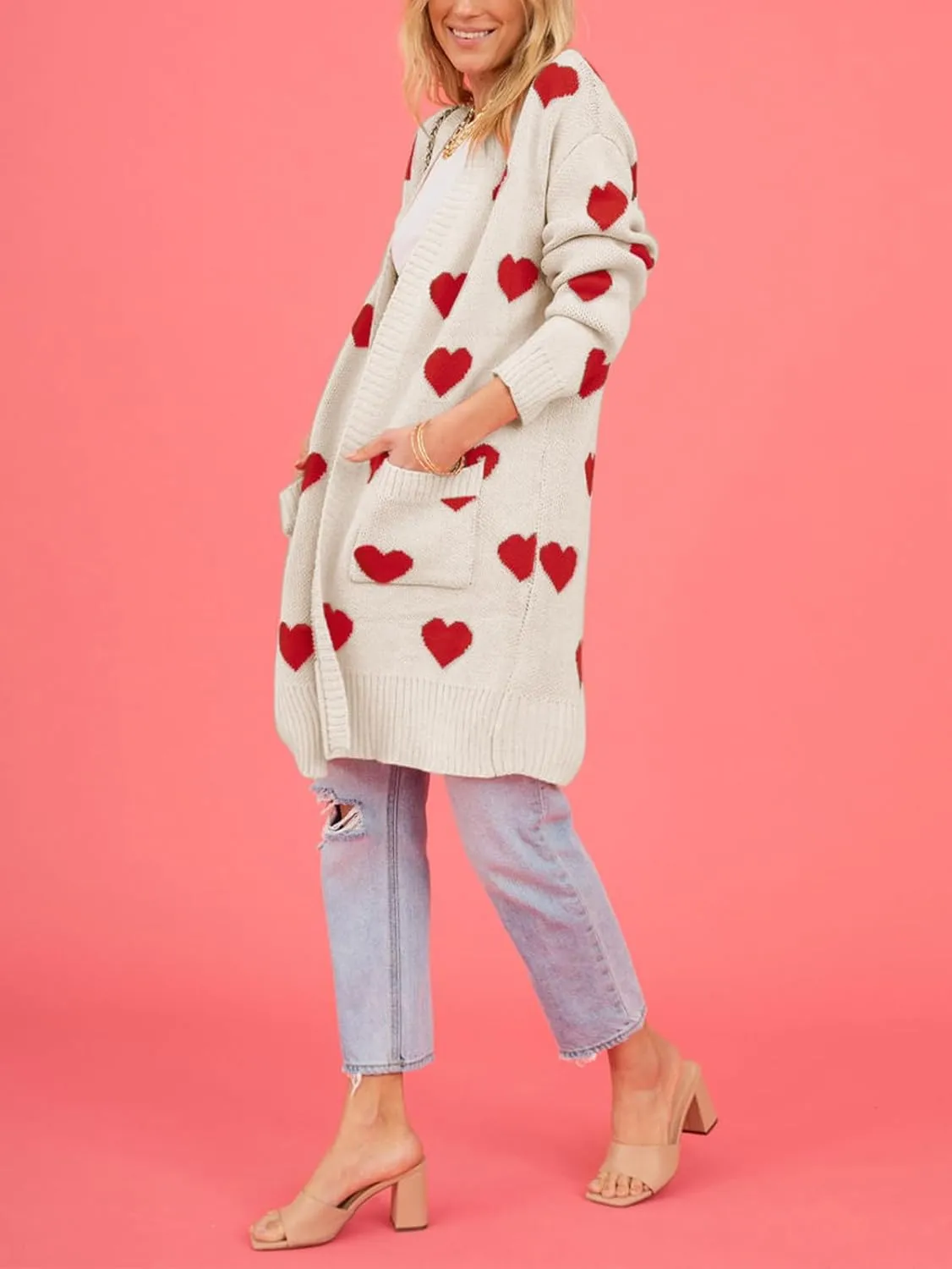 HOULENGS Women's Spring Cute Heart Long Cardigan Sweater V Neck Open Front Ribbed Knit Sweater Coats with Pockets