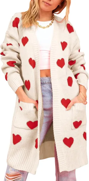 HOULENGS Women's Spring Cute Heart Long Cardigan Sweater V Neck Open Front Ribbed Knit Sweater Coats with Pockets