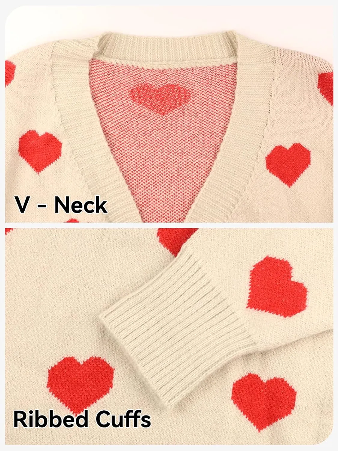 HOULENGS Women's Spring Cute Heart Long Cardigan Sweater V Neck Open Front Ribbed Knit Sweater Coats with Pockets
