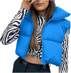 Hvyesh Women's Cropped Puffer Vest Winter Jackets Full Zip Stand Collar Sleeveless Cotton Padded Bubble Lightweight Outwear