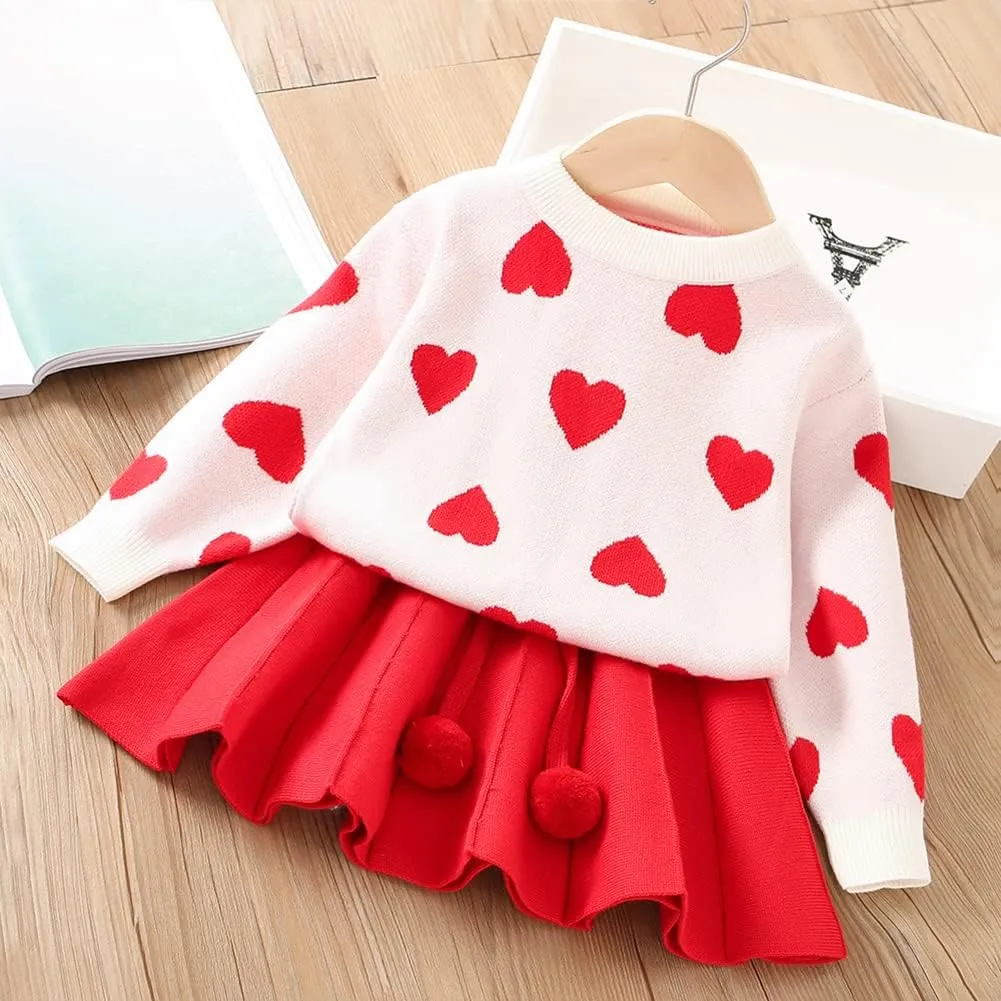 IBTOM CASTLE Toddler Baby Girl Knitted Long Sleeve Sweater Buttons Tops Mini Pleated Skirt Bowknot Clothes Fall Outfit Set