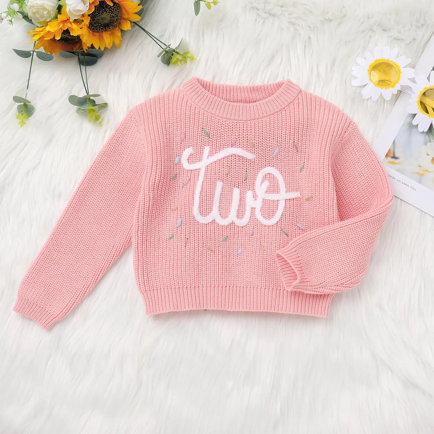 IDOPIP Toddler Baby Girls First Birthday Outfit Boho Embroidery One Sweater Top Knit Pullover Sweatshirt Fall Winter Clothes